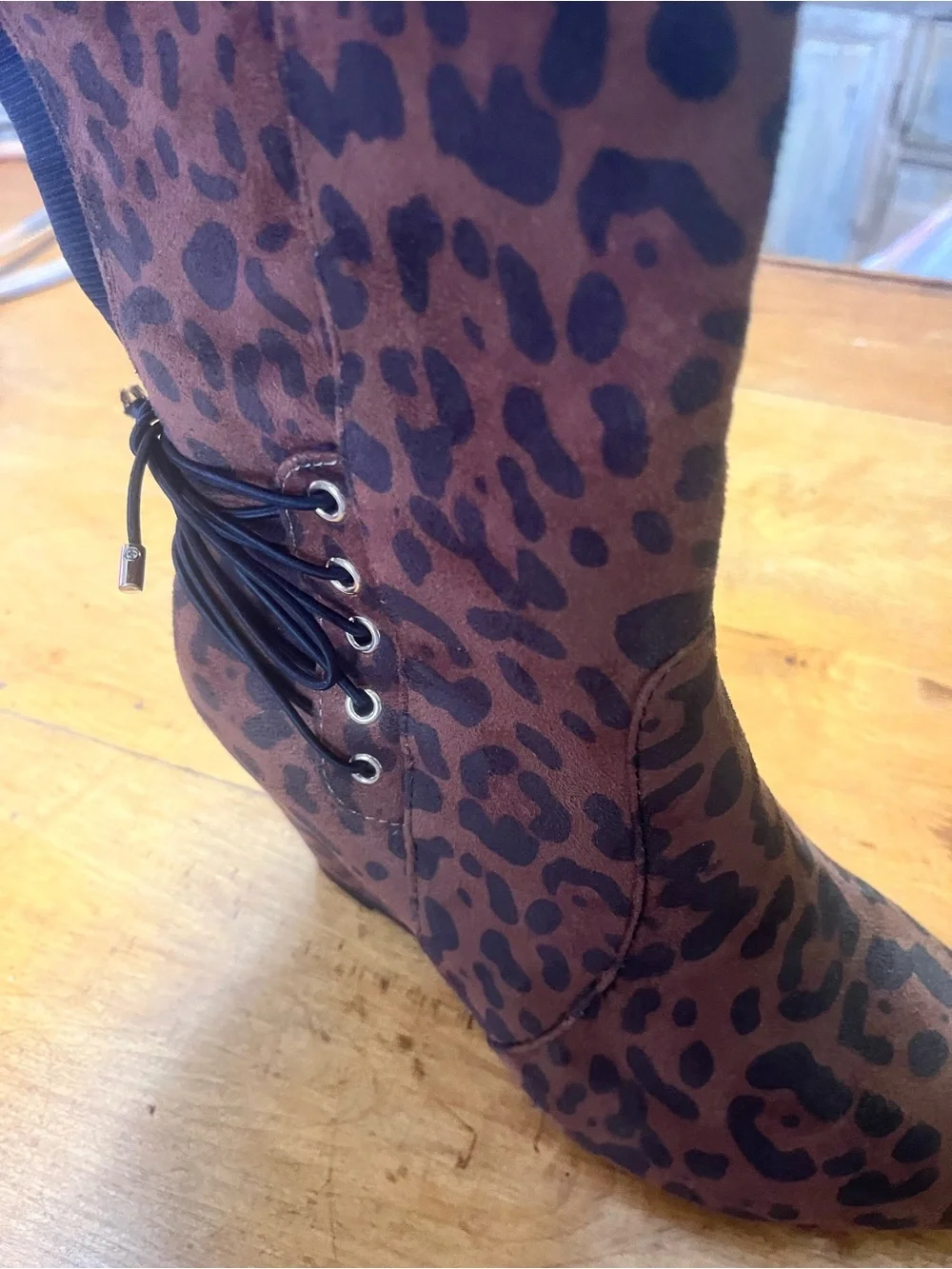 Leopard-Print Wedge Knee-High Boots - Brown